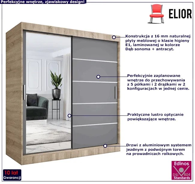 Szafa przesuwna 180 cm dąb sonoma + antracyt - Ebia 5X