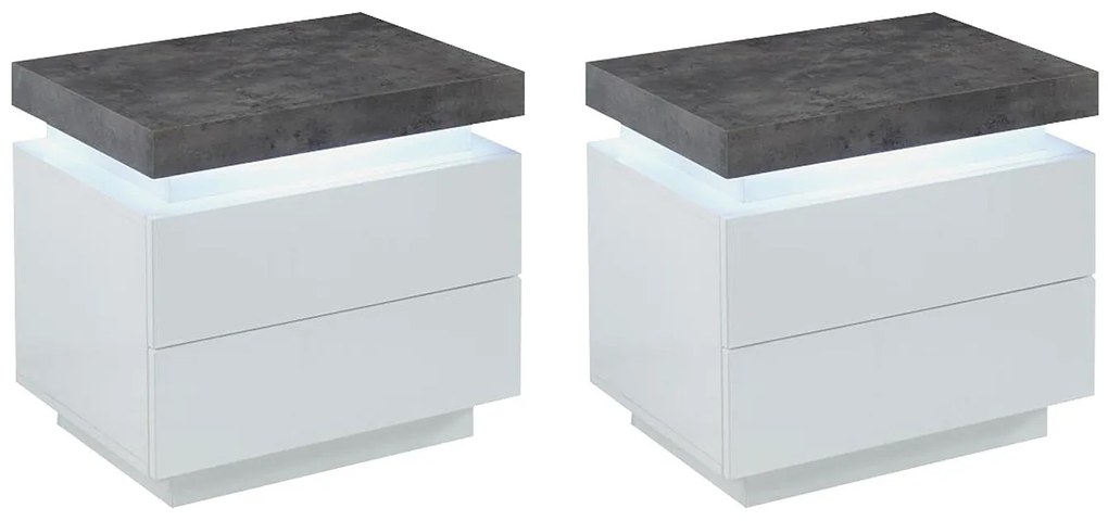 Zestaw 2 szafek nocnych - 2 szuflady - Lakierowana płyta MDF - Z oświetleniem LED - Biały i szary - HALO II