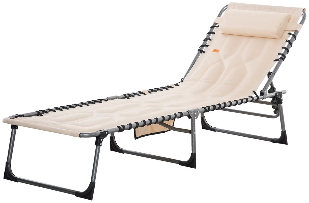 Leżanka składana Outsunny, ogrodowa z poduszką, z regulowanym oparciem na 5 pozycji, z tkaniny Oxford, 188 x 57 x 30 cm, Beżowa