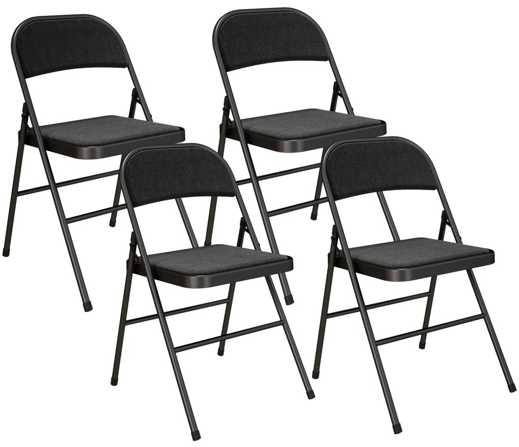 HOMCOM Zestaw 4 Krzeseł Składanych, Przenośne Krzesła Biurowe, Nogi Metalowe, Składane Krzesło dla Biura, Recepcji, Poczekalni, Wygląd Lnu, Czarne