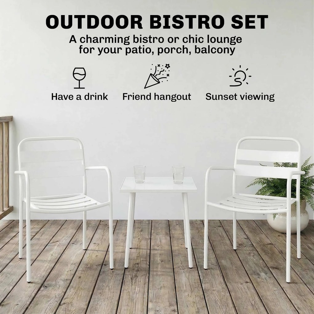 Outsunny Zestaw bistro 3-częściowy metalowy zestaw mebli ogrodowych z 2 krzesłami, stołem, design lamelowy, odporny na rdzę | Aosom PL