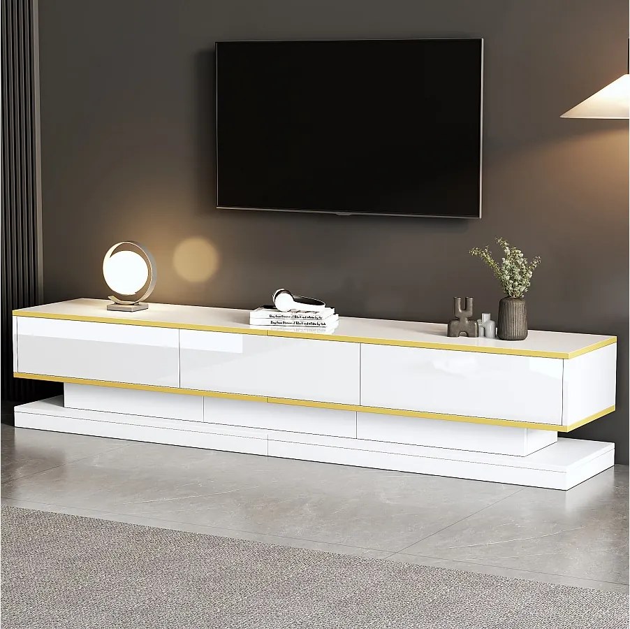 Biały stolik pod TV - stolik pod TV z 3 szufladami i złotymi wykończeniami - Płynne, ciche dolne prowadnice