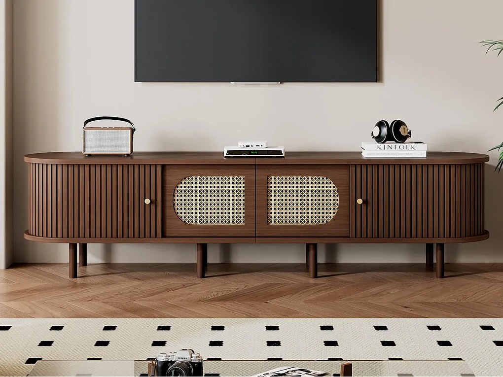 Meble TV 180x40x40 cm - Design z rattanu - 4 drzwi - MDF - Dla telewizorów do 80 cali - Brązowy