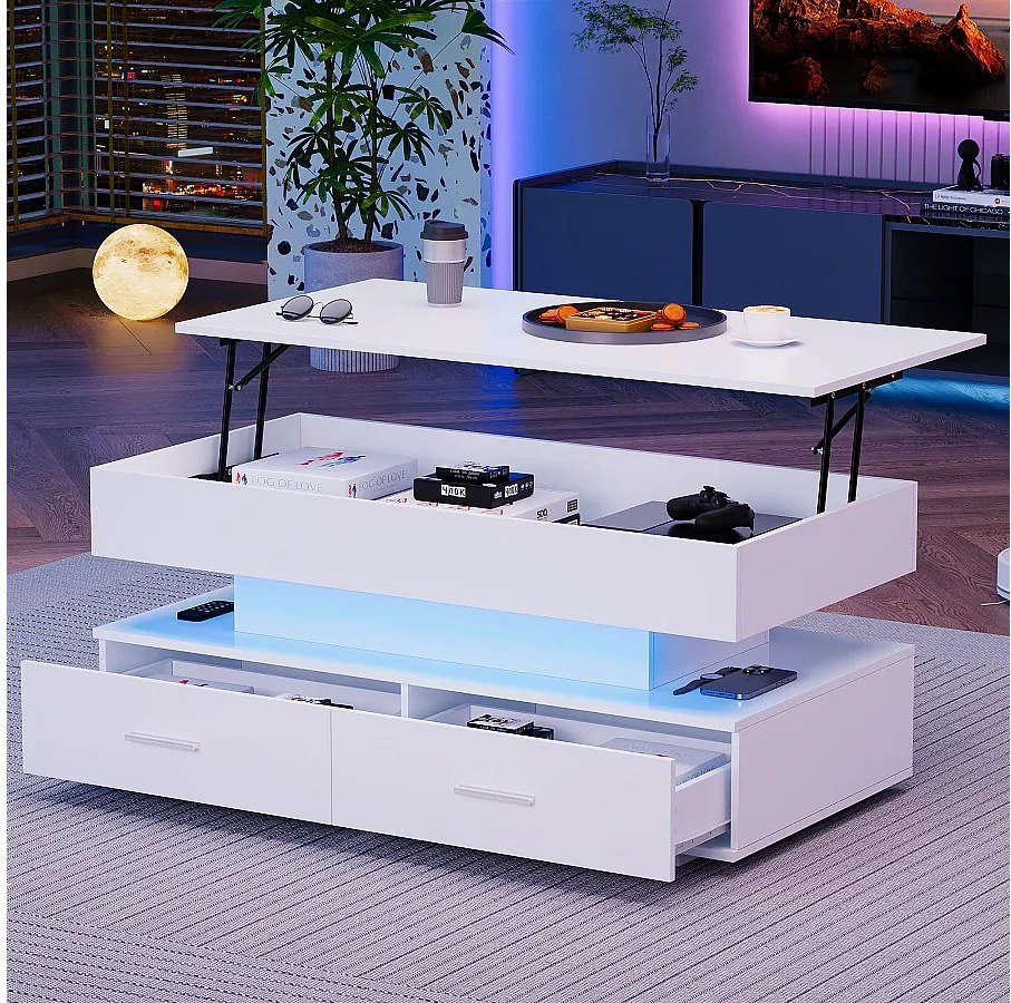 Hydrauliczny podnoszony stolik kawowy - 100 x 50 x 44 cm - z diodami LED + 2 szuflady - Płyta wiórowa - biały