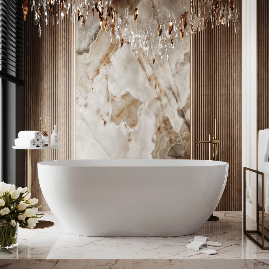 Wanna wolnostojąca owalna z konglomeratu 160 x 75 cm RONA Grey mat / połysk przelew typu SLIM cienki rant : Kolor wanny - Biały połysk