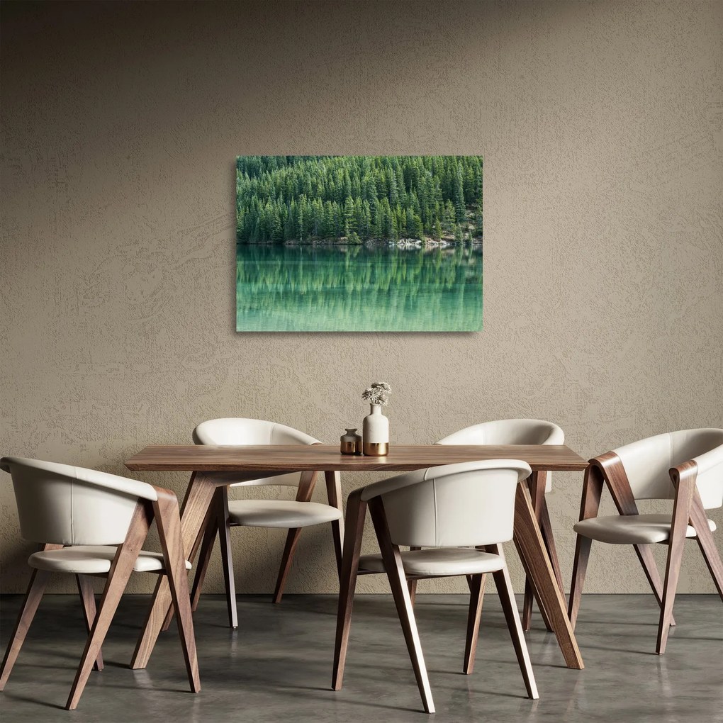 Obraz na szkle - drzewa iglaste nad jeziorem (70x50 cm)