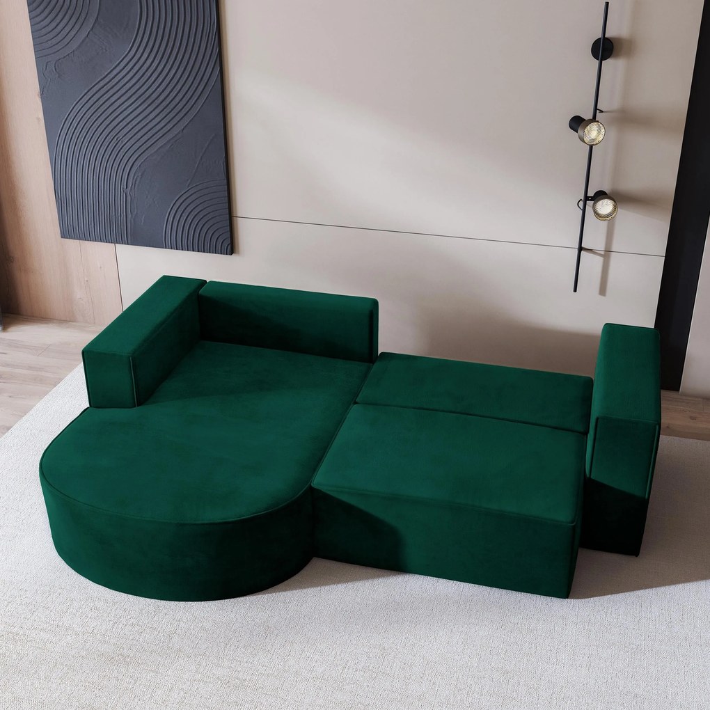 Masseno Narożnik SORELA z funkcją spania i pojemnikiem na pościel Narozniki L, Rozkładana sofa - Butelkowa zieleń, MONOLITH 37