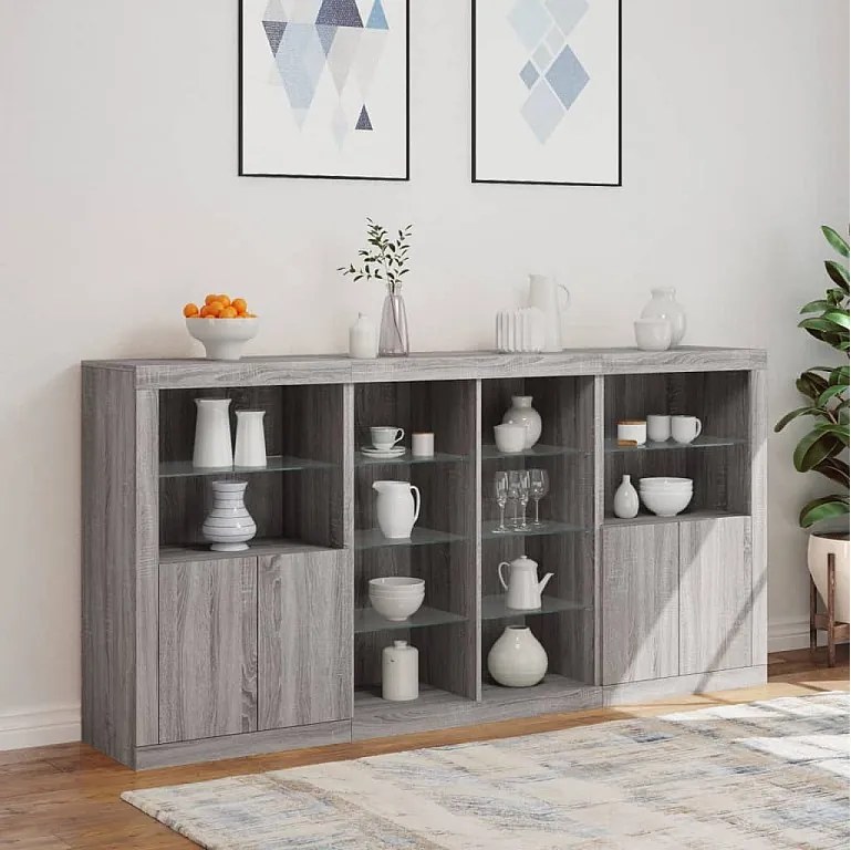 Nowoczesny bufet szary sonoma 202x37x100 cm z personalizowanym oświetleniem LED RGB i dużą przestrzenią do przechowywania