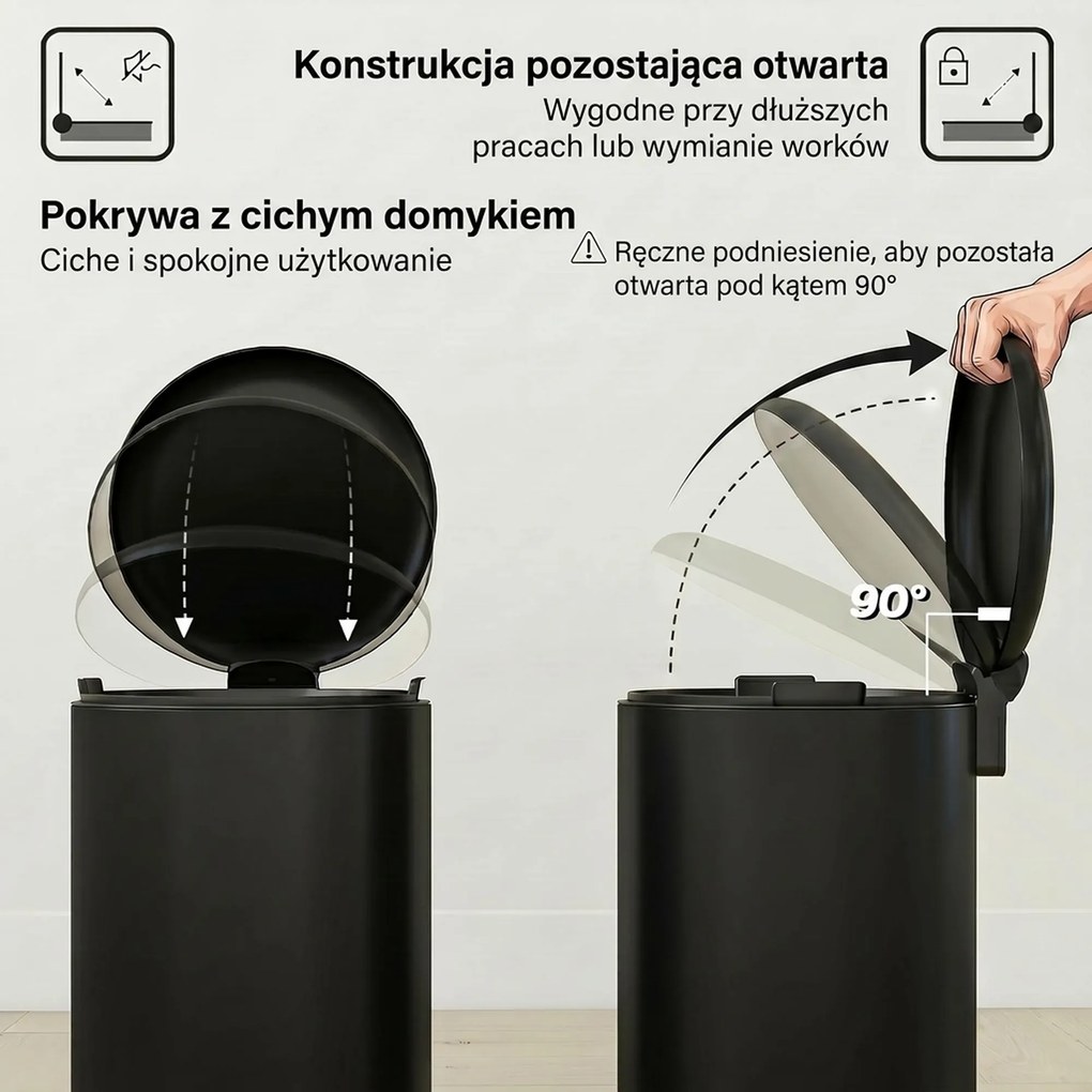 HOMCOM 20 l kosz kuchenny, metal odporny na odciski palców, pokrywa Soft-Close, pedał nożny i wyjmowany kubeł, czarny | Aosom PL