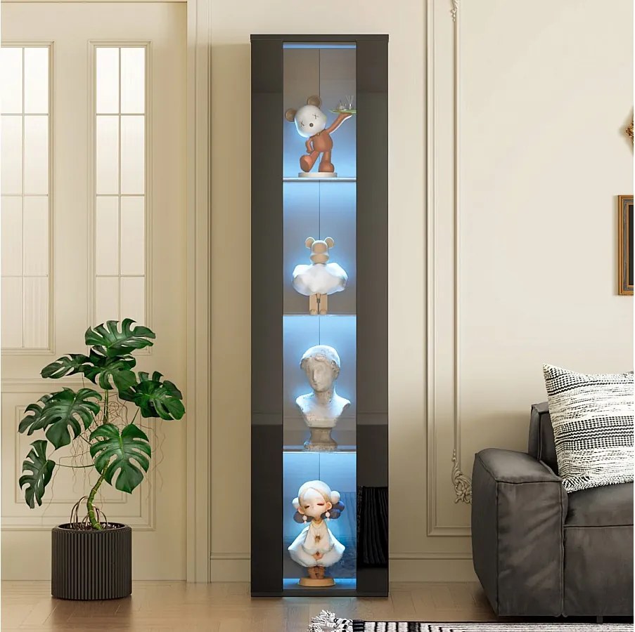 Wielofunkcyjna gablota wystawowa - 40 x 29 x 170 cm - z drzwiami szklanymi + diody LED - PB + szkło - czarna