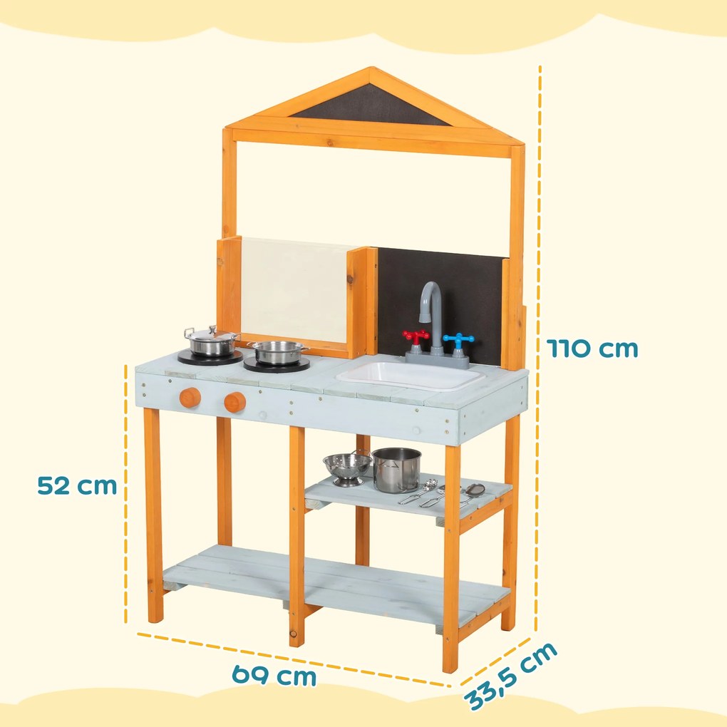 AIYAPLAY Kuchnia do zabawy w błocie dla dzieci, ogrodowa drewniana kuchnia z płytą grzewczą, wyjmowanym zlewem i półkami, dla dzieci 3–8 lat, jasnoniebieska | Aosom PL