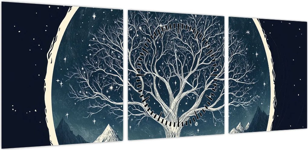 Obraz – Magiczne drzewo z jeleniem II. (z zegarem) (90x30 cm)