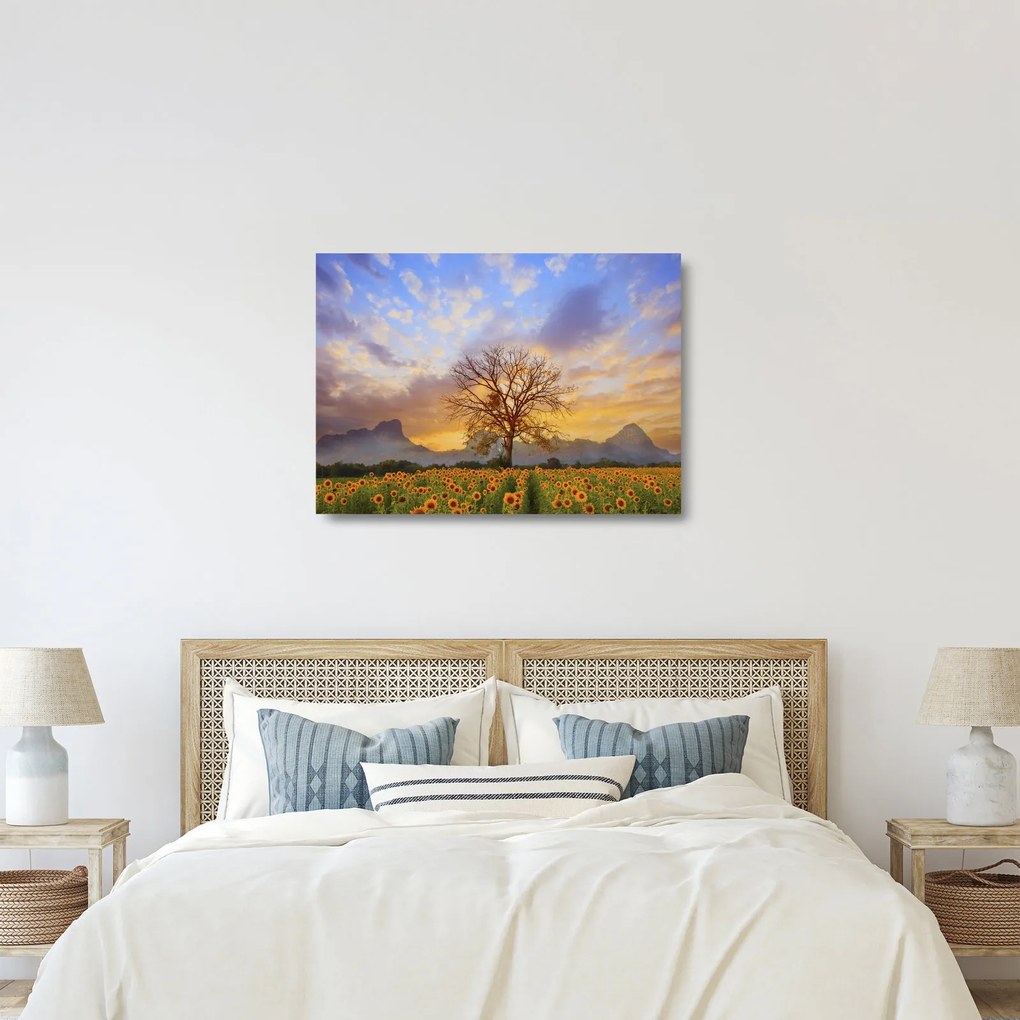 Obraz na szkle - Pejzaż ze słonecznikami (70x50 cm)