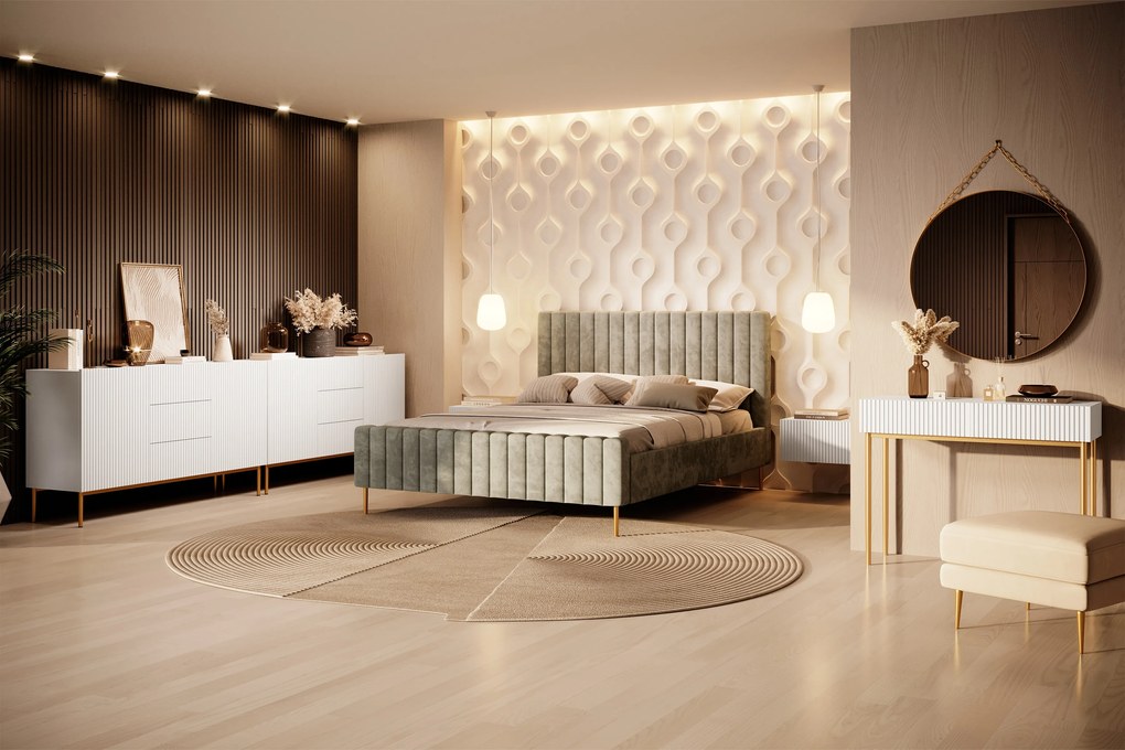 Komoda Nicole 150 cm z szufladami i ryflowanym frontem - biały mat / złote nóżki