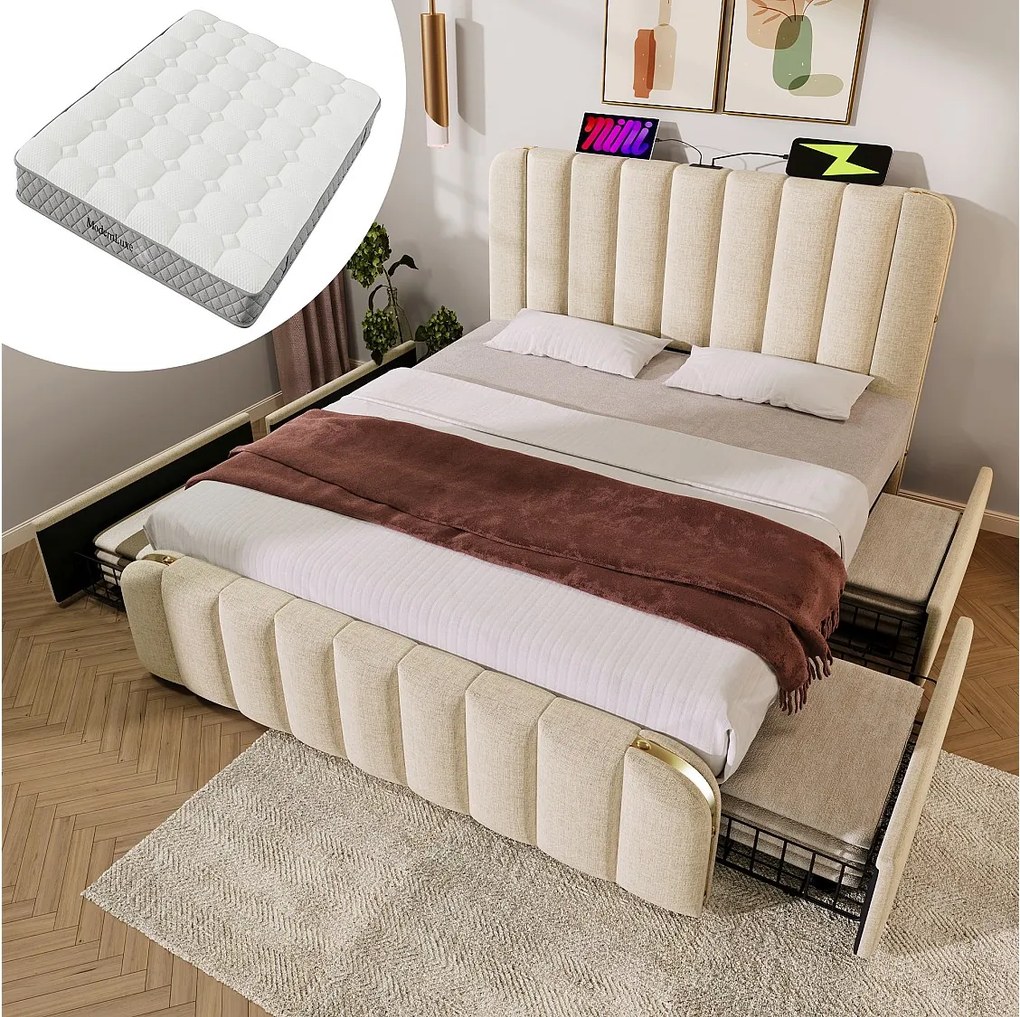 Łóżko tapicerowane dwuosobowe - 180 x 200 cm - z zagłówkiem + USB + 4 szuflady - pościel - beżowe (z materacem)