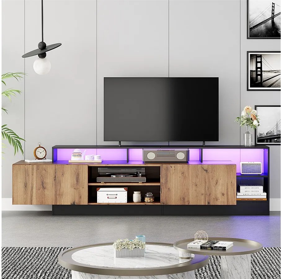 Szafka RTV z 2 drzwiami i półkami - 190 x 40 x 48,5 cm - diody LED - płyta wiórowa - dąb i czerń