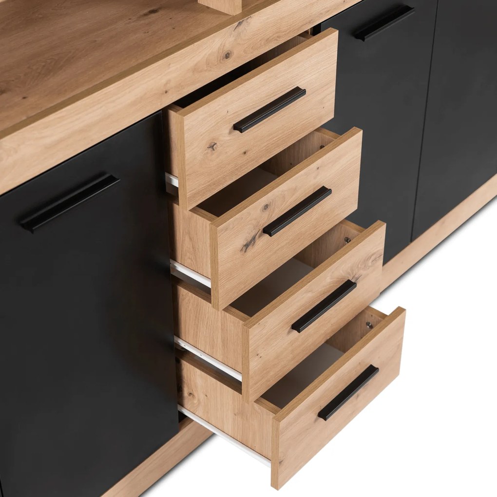 Komoda Czterodrzwiowa z Szufladami BLAGO 190 cm Dąb Artisan/Czarny Nowoczesna Loft