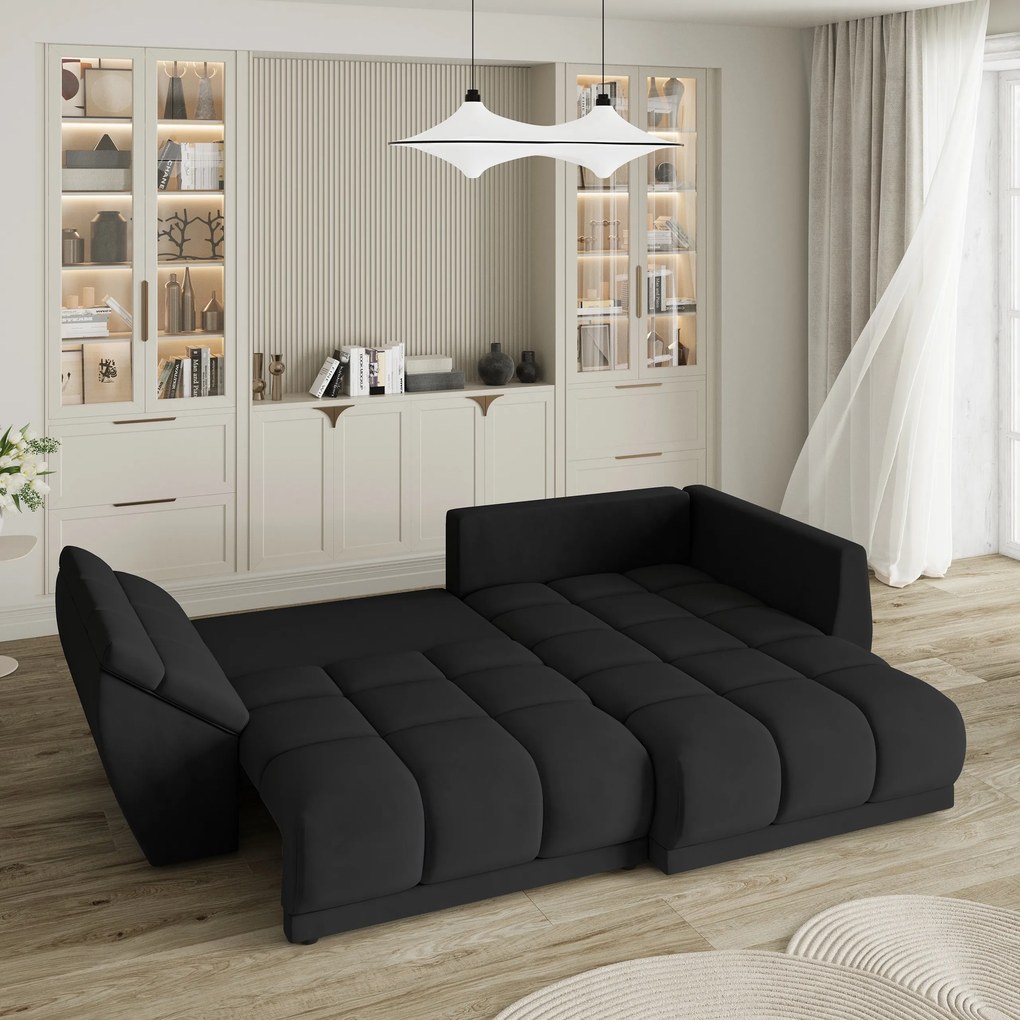 Masseno Narożnik ORENTI z funkcją spania i pojemnikiem na pościel Narozniki L, Rozkładana sofa - Czarny, MATT VELVET 99