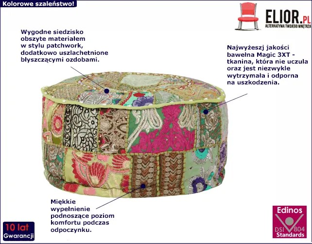 Okrągła zielona pufa patchwork - Reo 3X