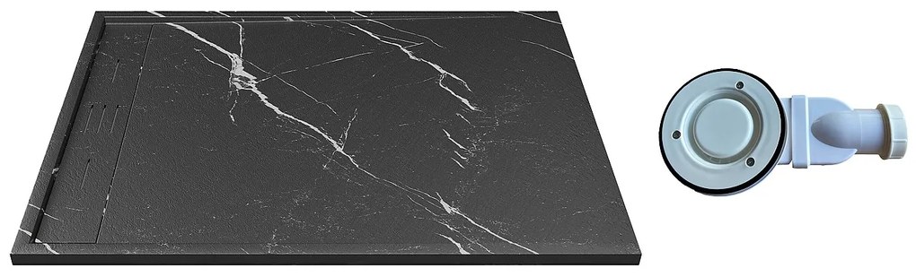 Brodzik płaski posadzkowy lub wpuszczany w posadzkę do przycięcia z żywicy SMC z syfonem - Czarny z efektem marmuru - 140 x 90 cm - LYROSA
