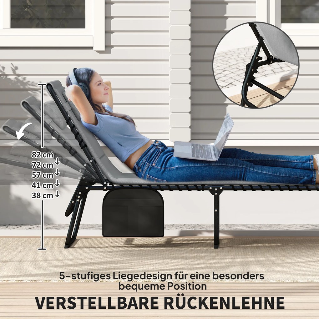 Outsunny 2‑częściowy zestaw leżaków składanych z zagłówkiem, 5‑stopniowo regulowanym oparciem, kieszenią boczną, ciemnoszary | Aosom PL