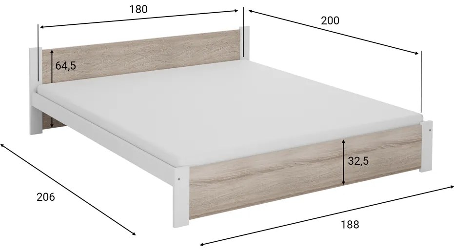 Łóżko IKAROS 180 x 200 cm, białe/dąb sonoma Stelaż: Ze stelażem listwowym rolowanym, Materac: Materac Coco Maxi 20 cm