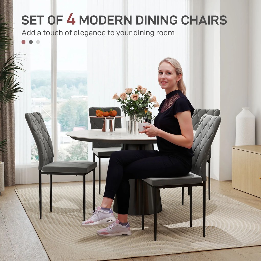 HOMCOM Zestaw 4 nowoczesnych krzeseł do jadalni w aksamitnym wykończeniu z metalowymi nogami, dla jadalni, sypialni, kuchni, Szary