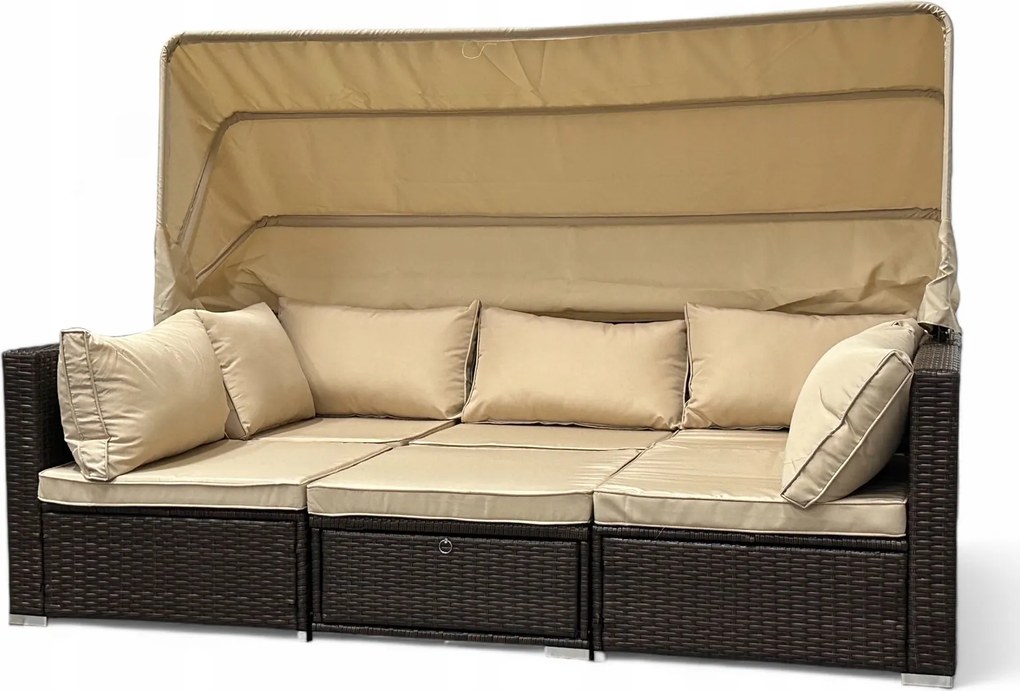 Wielofunkcyjny zestaw mebli ogrodowych - narożnik, leżanka z daszkiem Galicja 101 brąz, poduszki beżowe