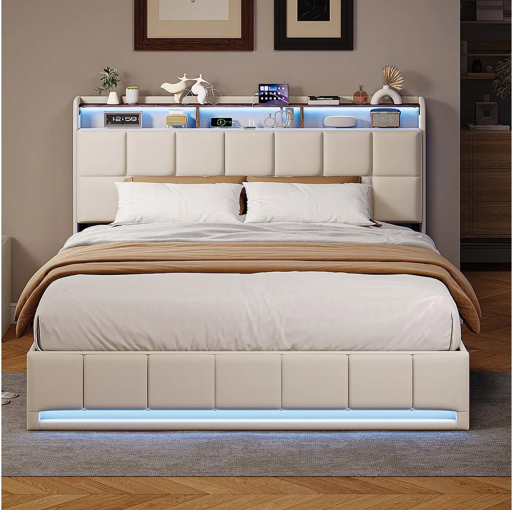 Łóżko z pojemnikiem 160x200 cm beżowe z lnu z oświetleniem LED RGB, wbudowanym USB i 3 szufladami do przechowywania, nowoczesny design