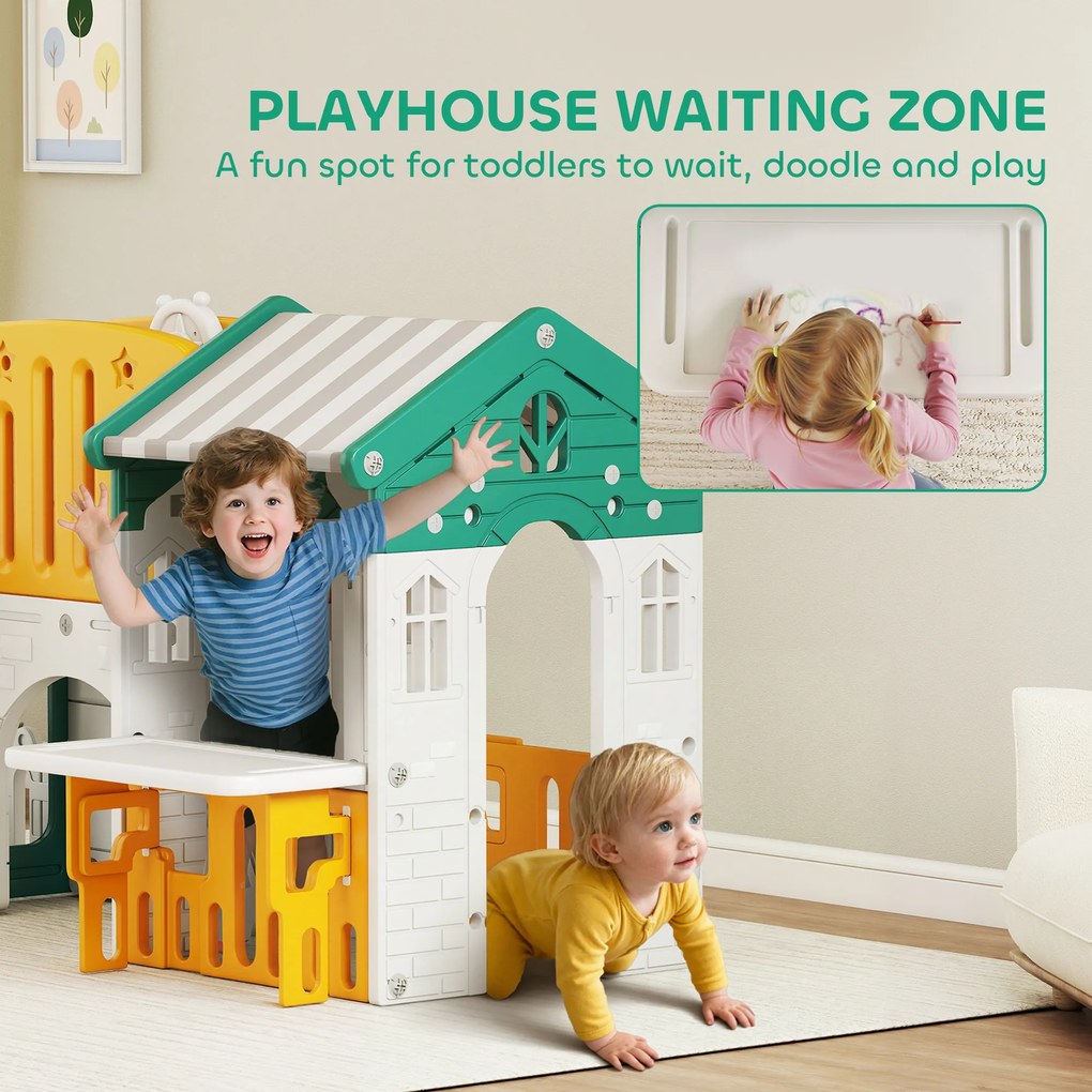 AIYAPLAY Zjeżdżalnia 7 w 1, plac zabaw do domu, ścianka wspinaczkowa, domek, tablica, kosz do koszykówki, 1-4 lata, tworzywo sztuczne, Żółty+Zielony