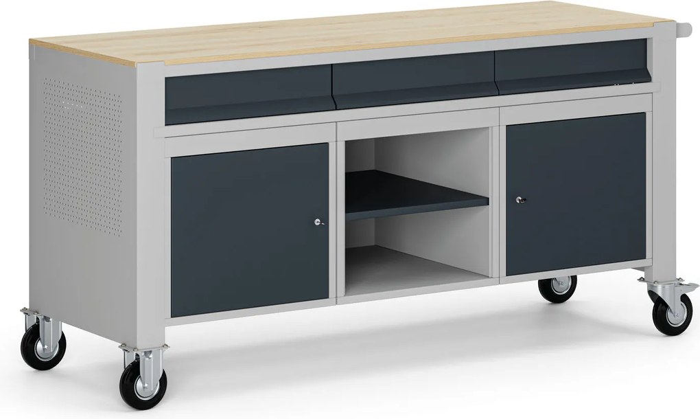 Mobilny stół warsztatowy G9, 1 półka, 2 szafki, 3 szuflady, 1690 x 595 x 865-1130 mm, szary/grafitowy