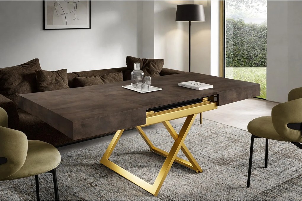 Ławostół 120 cm Ducale U - stół rozkładany do salonu 120-200 cm, regulowana wysokość, złoty stelaż - Dark Grey Chicago