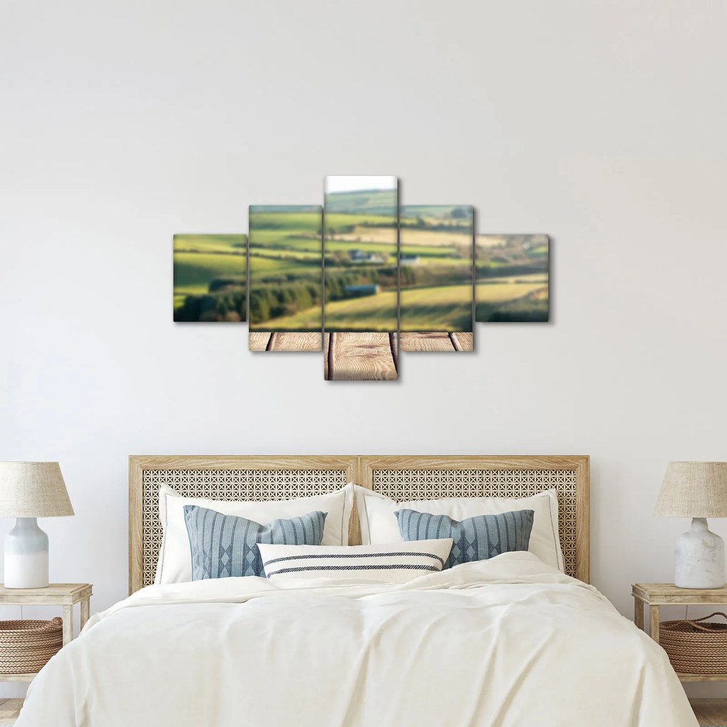 Obraz - Drewniana półka z krajobrazem (125x70 cm)