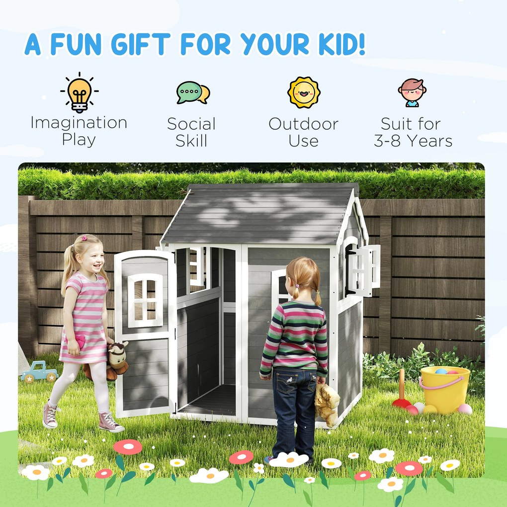 Outsunny domek drewniany dla dzieci do zabawy do ogrodu i domu z oknami drzwiami skrzynką na kwiaty szary | Aosom PL