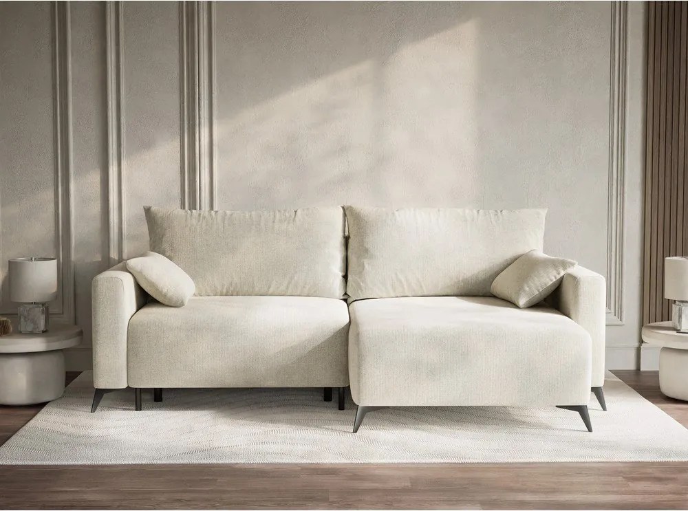 Kremowy rozkładany/ze schowkiem narożnik z tkaniny szenilowej (prawostronny/z szezlongiem) Leon – Maison de Rêve