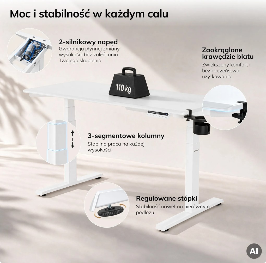 Biurko elektryczne z regulacją wysokości ergonomiczne białe,1600x800 mm: ARIA