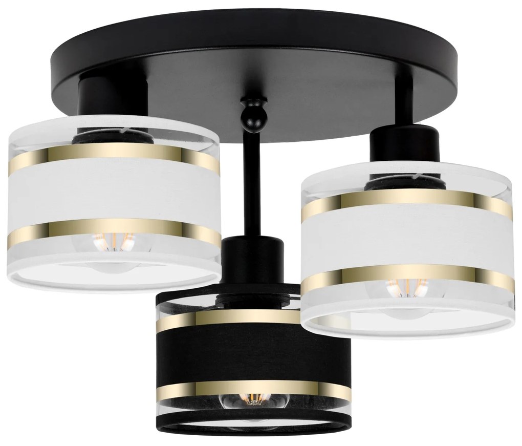 Lampa sufitowa czarna trzypunktowa z czarno-białymi abażurami T-3030SC