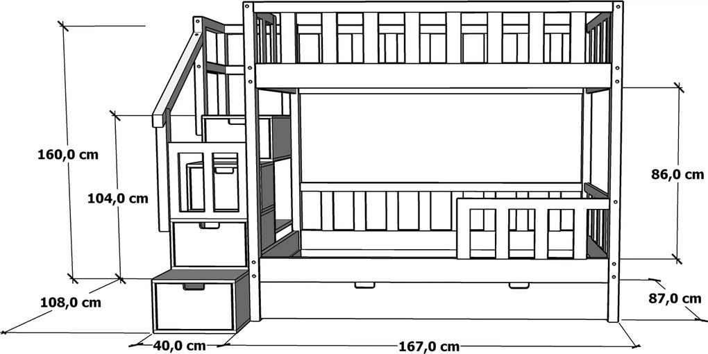Łóżko piętrowe Marulla 111P ze schodami, barierkami i szufladkami