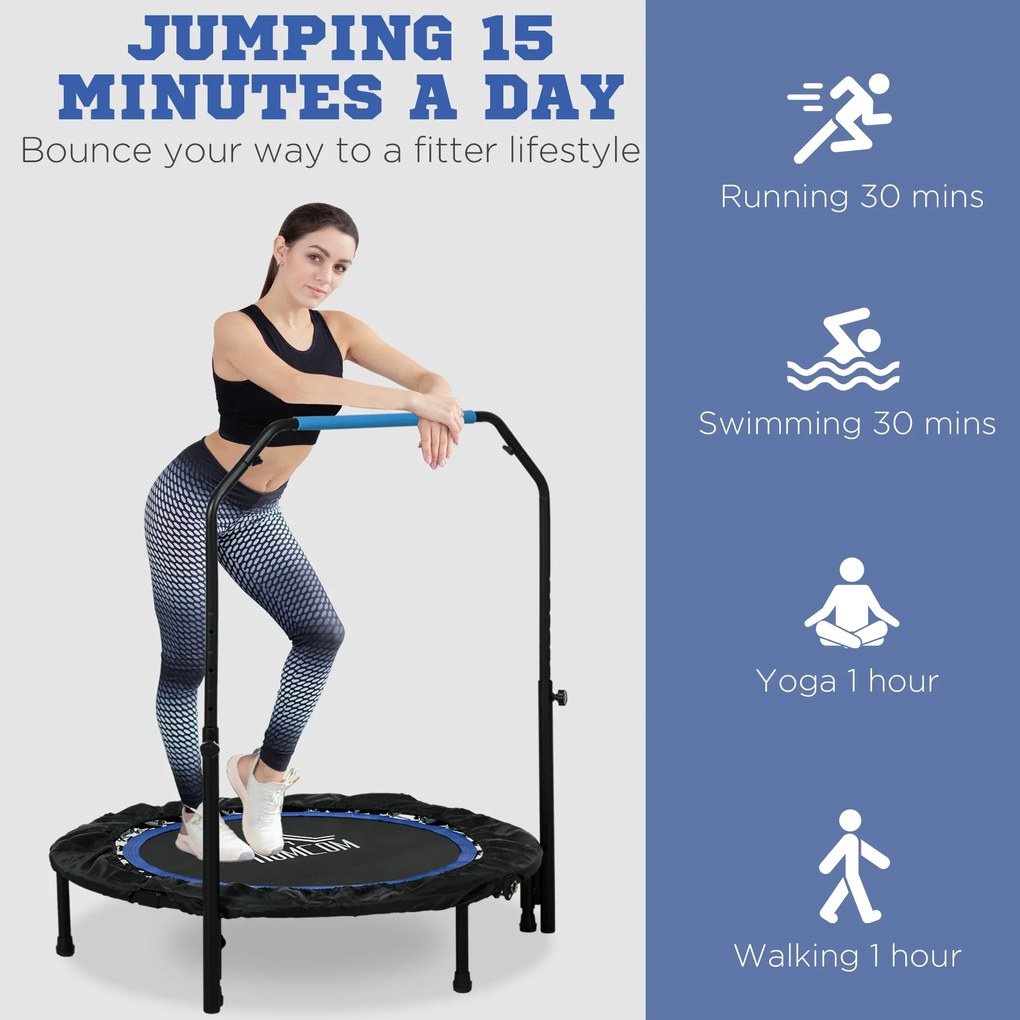 HOMCOM Trampolina fitness, składana, z regulowanym uchwytem, Ø102x123H cm, do 100 kg, Czarna/Niebieska