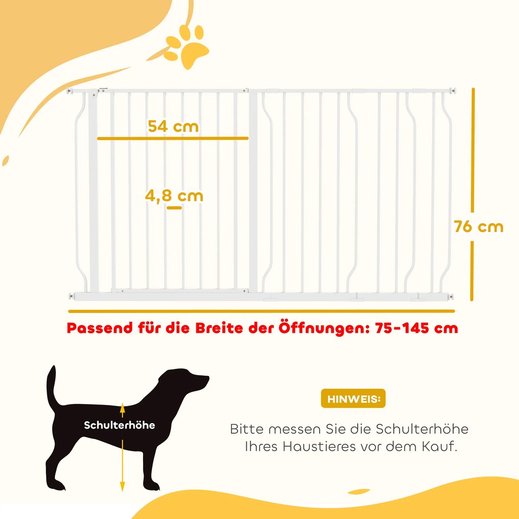 PawHut Bramka Ochronna dla Psów, Regulowana 75-145cm, Montaż Bez Wiercenia, Stalowa Rama, Biały