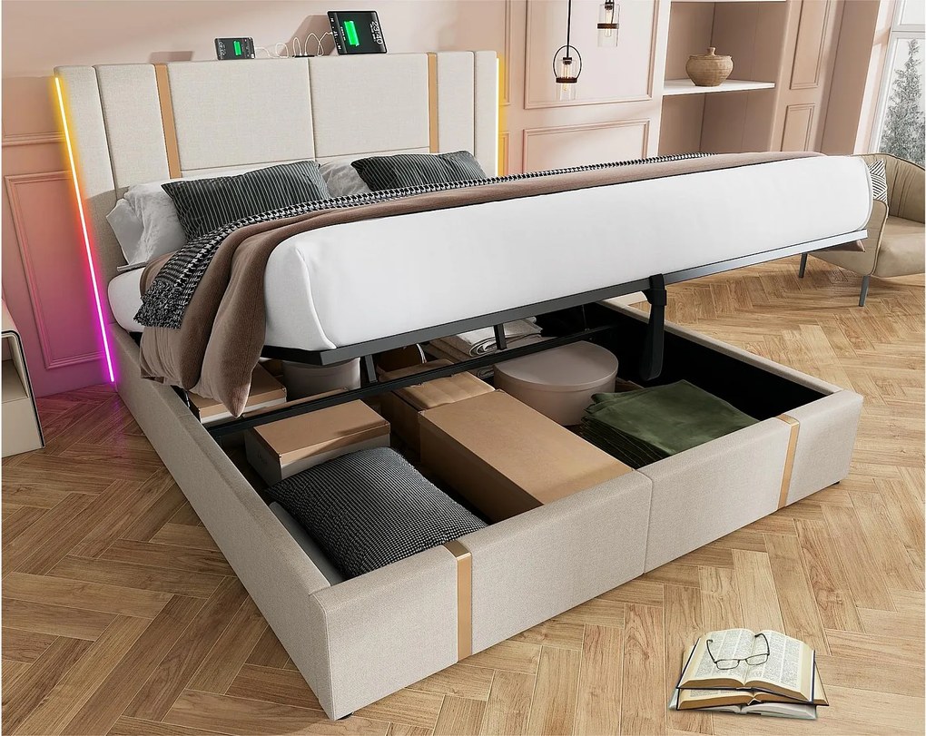 Łóżko tapicerowane 180x200 cm z tkaniny lnianej - z LED i funkcją ładowania - z stelażem na listwach - Beżowe