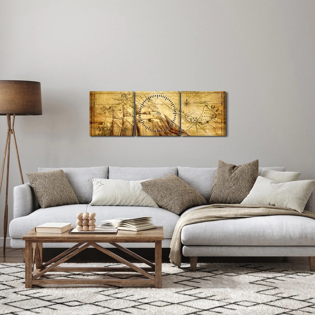 Obraz - Stara mapa (z zegarem) (90x30 cm)
