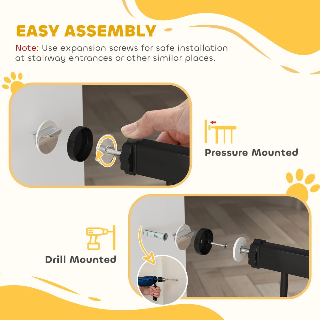 PawHut Bramka dla zwierząt, 96 cm, z regulowaną szerokością 76-104 cm, z drzwiczkami dla kota, do schodów i otworów drzwiowych, czarna