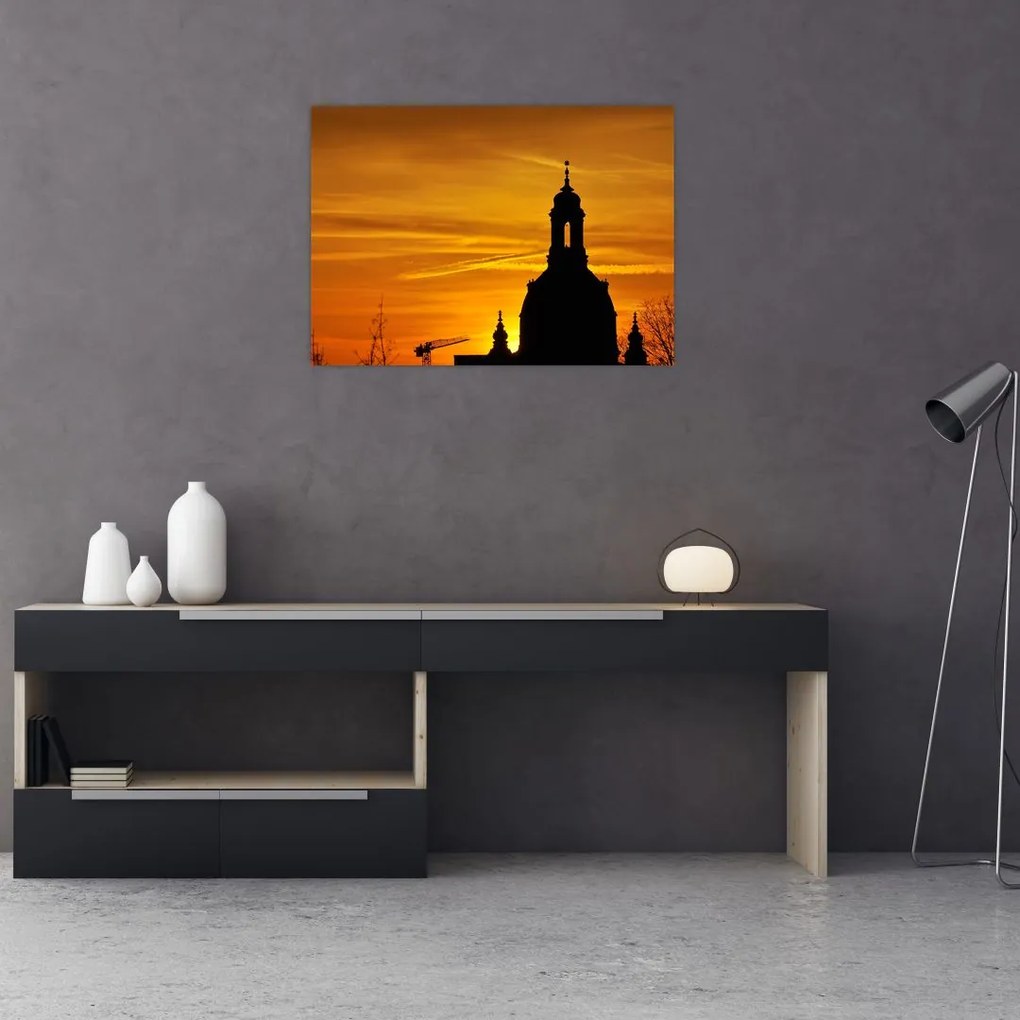 Obraz na szkle - kościół o zachodzie słońca (70x50 cm)