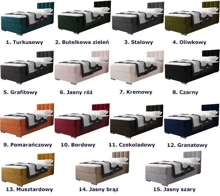 Welurowe łóżko z pionowo pikowanym zagłówkiem 90x200 R0-M52