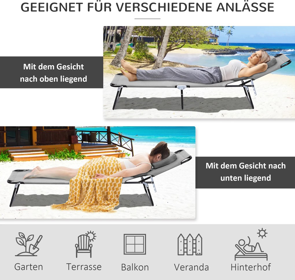 Outsunny Leżak z otworem na twarz i poduszkami, składany, wodoodporne pokrycie, metalowa rama, Ciemnoszary