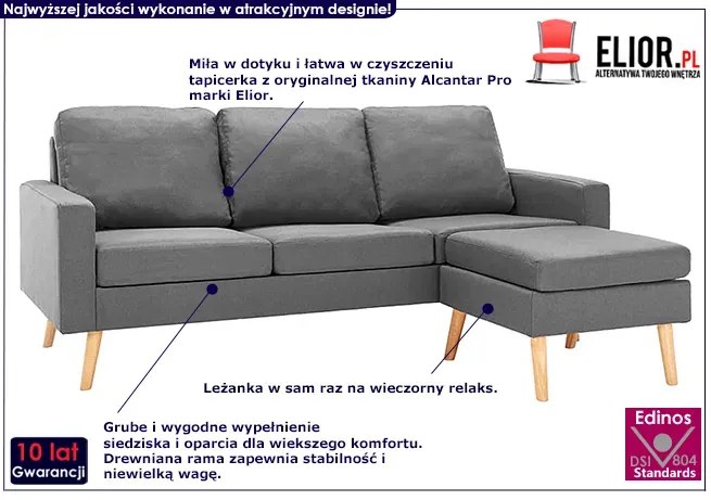 3-osobowa jasnoszara sofa z podnóżkiem - Muria 4Q