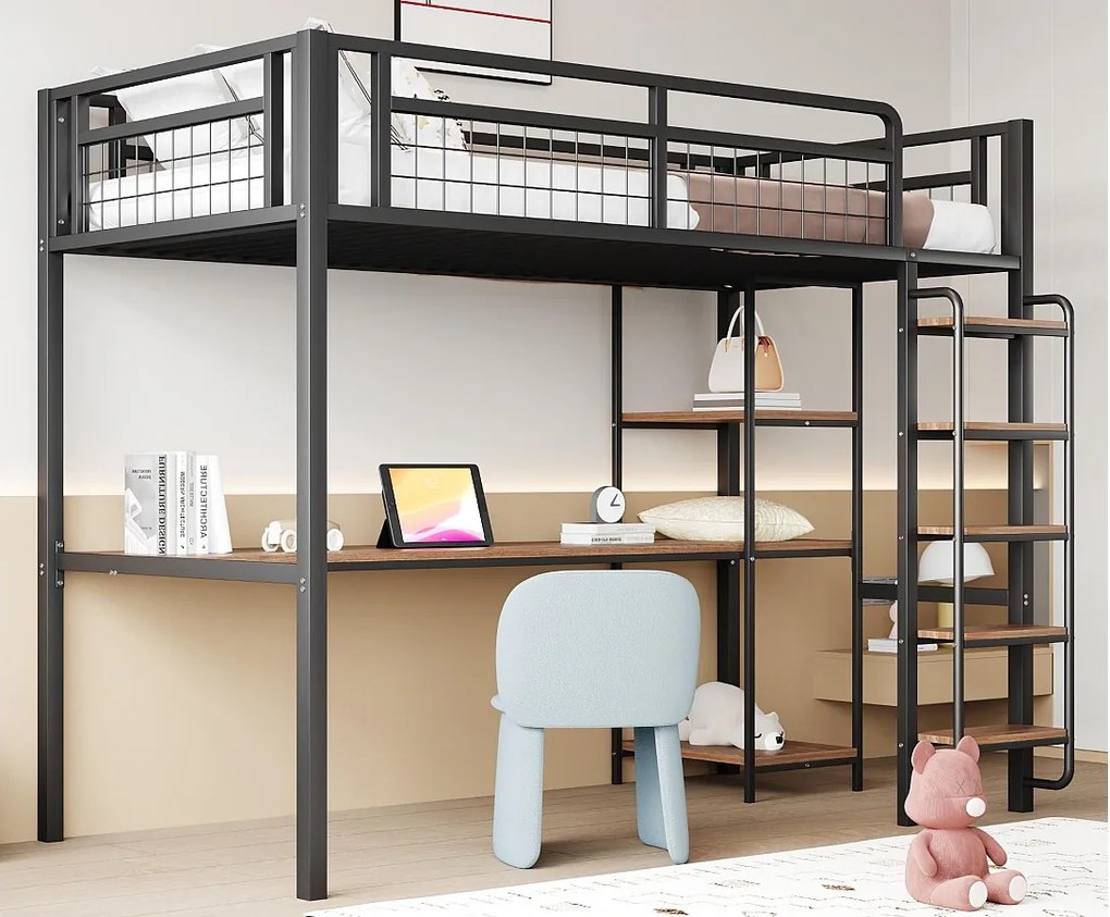 Łóżko mezzanine metalowe 90x200 cm - z biurkiem i drabiną bezpieczeństwa - Czarne