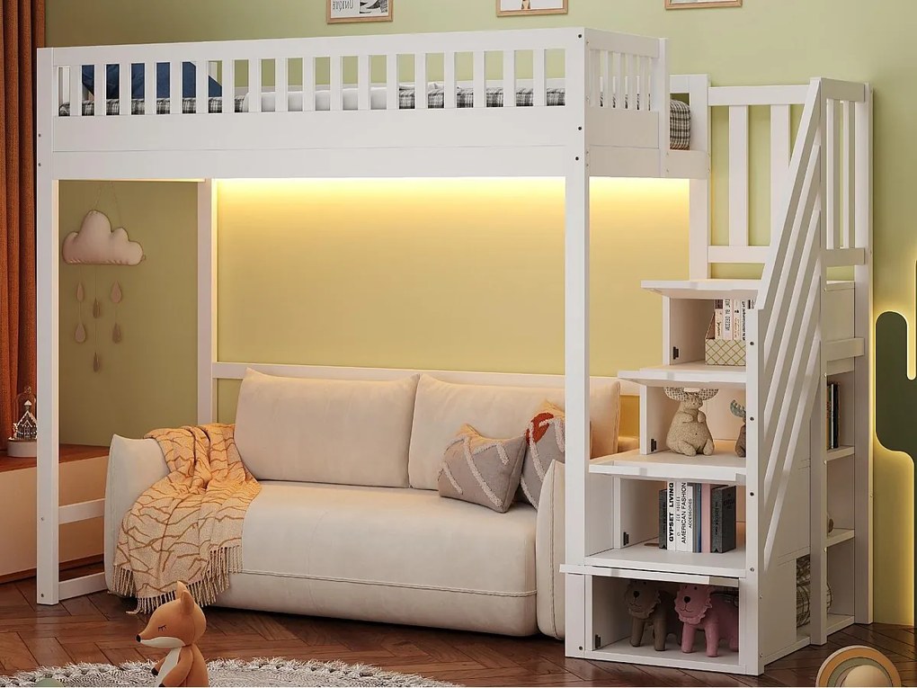 Łóżko na antresoli 90x200 cm - z drabiną bezpieczeństwa - z barierkami bezpieczeństwa - z oświetleniem LED - biały​ (materac nie jest wliczony w cenę)