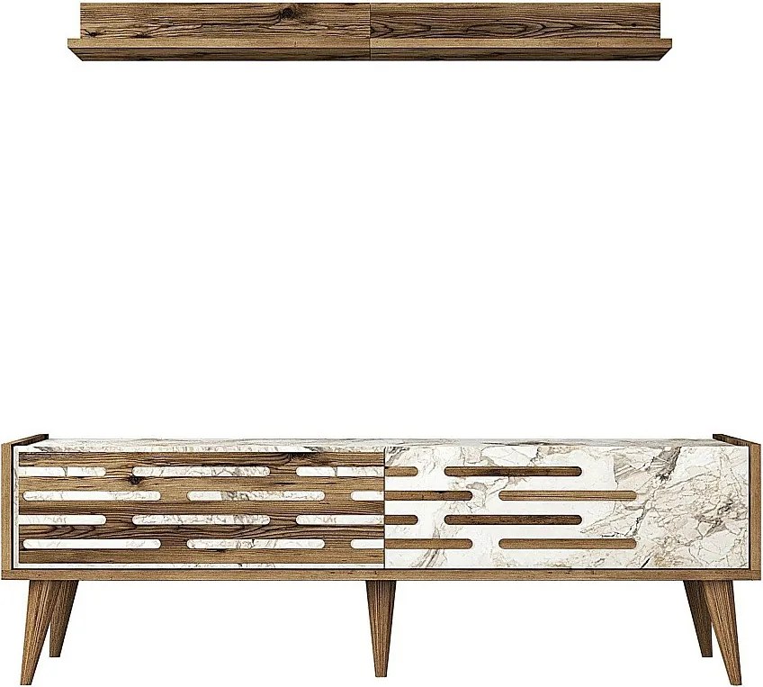 Stojak pod telewizor – 140 cm x 35 cm – orzech i biel/marmur – płyta wiórowa w 100% pokryta melaminą